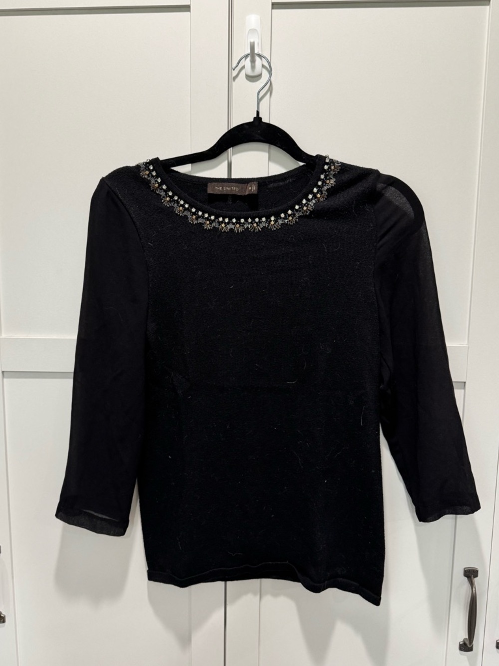 The Limited Black Jeweled Neck 3/4 Sleeve Sweatshirt